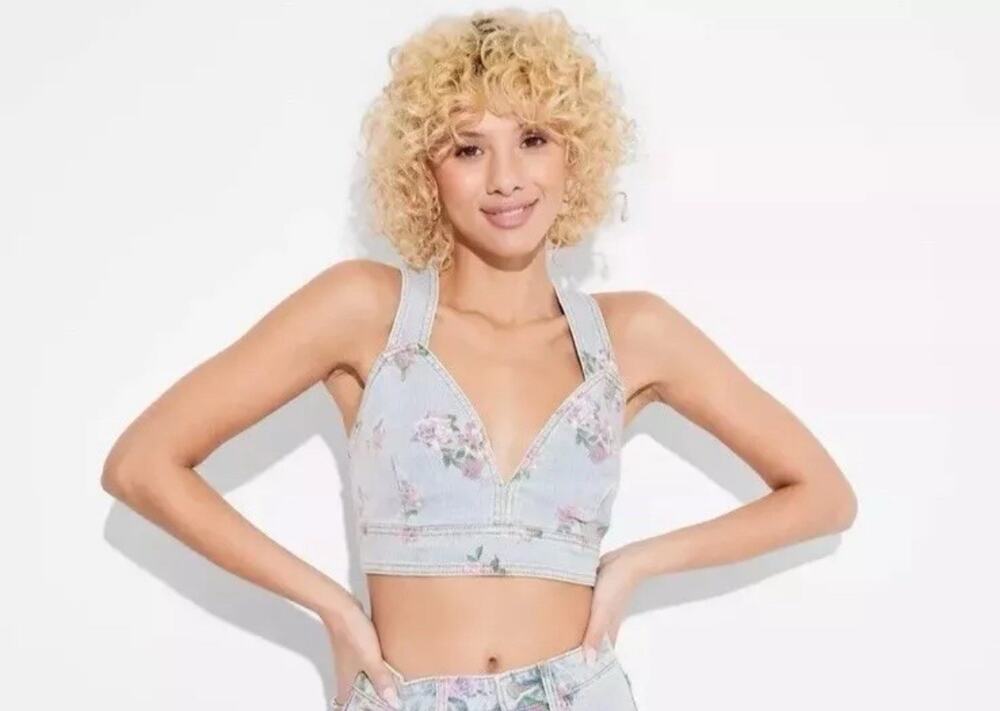 Wild Fable Denim Vest Tank Cropped Light Wash Floral Print Women's XXS